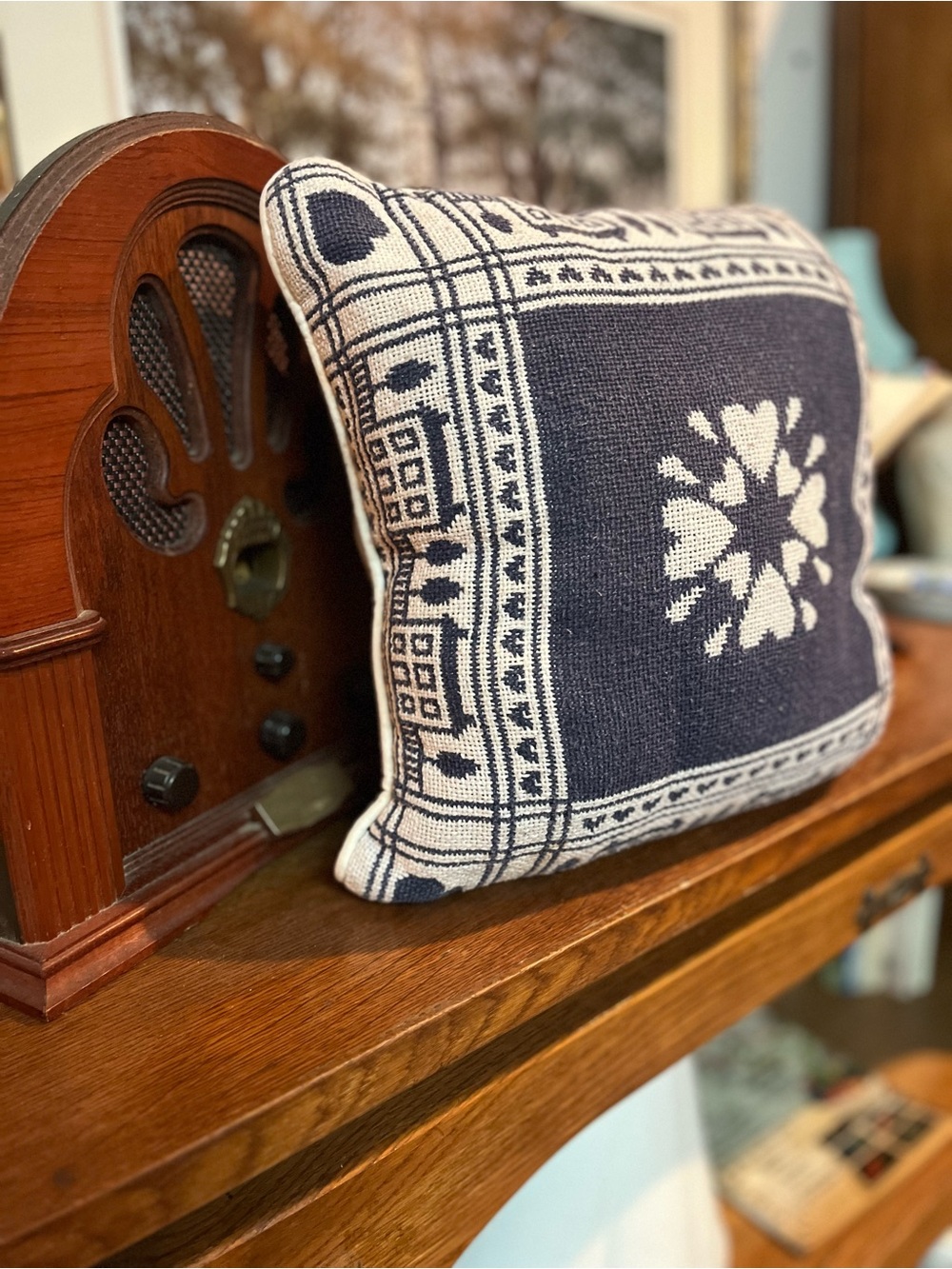 Decorative Navy and White Knit Throw Pillow - #cottagecore